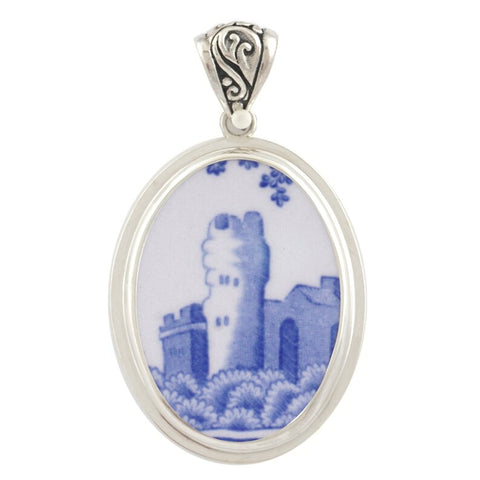 Broken China Jewelry Blue Italian Castle Oval Sterling Pendant