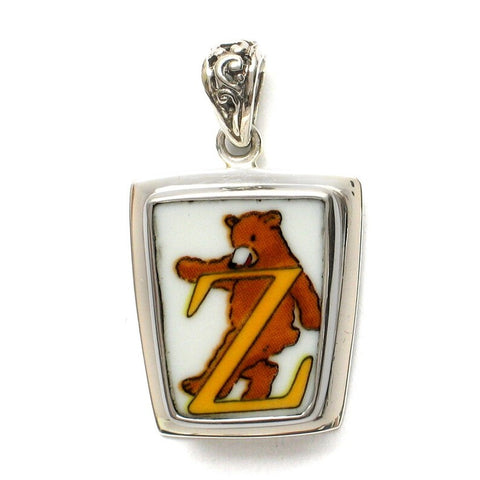 Broken China Jewelry Alphabet Bear Monogram Letter Z Sterling Pendant