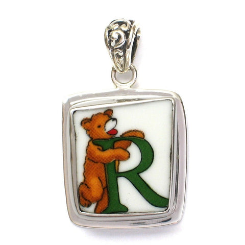 Broken China Jewelry Alphabet Bear Monogram Letter R Sterling Pendant