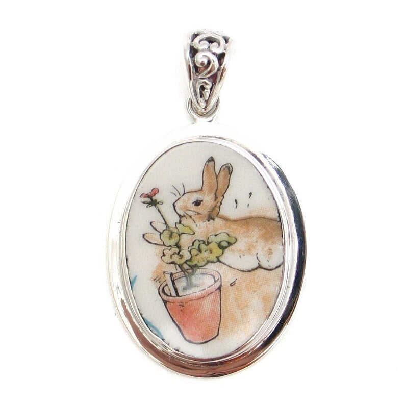 Broken China Jewelry Beatrix Potter Peter Rabbit Geranium Flower Sterling Pendant