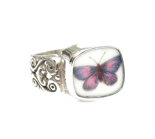 Size 8 Broken China Jewelry Botanic Purple Butterfly Ring