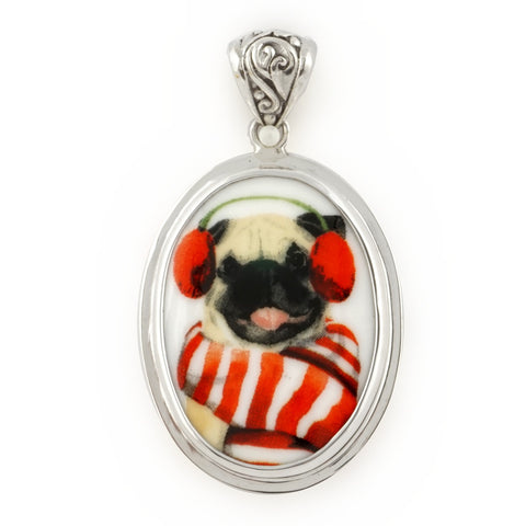 Broken China Jewelry Pug Winter Dog in Earmuffs and Red/White Scarf Sterling Oval Pendant