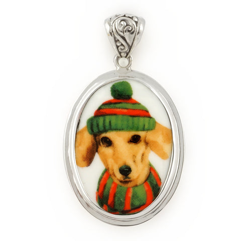 Broken China Jewelry Dachshund Winter Dog in Green Striped Hat & Scarf Sterling Oval Pendant