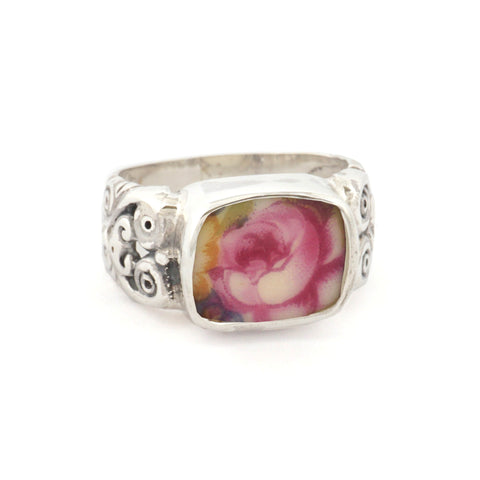 SIZE 7 Broken China Jewelry Vintage Cabbage Rose Sterling Rectangle Ring