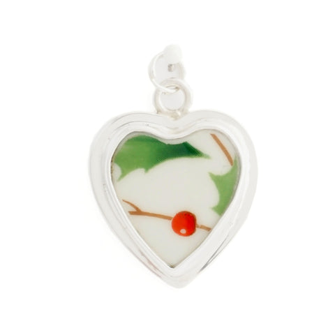 Broken China Jewelry Holiday Holly Sterling Silver Heart Charm