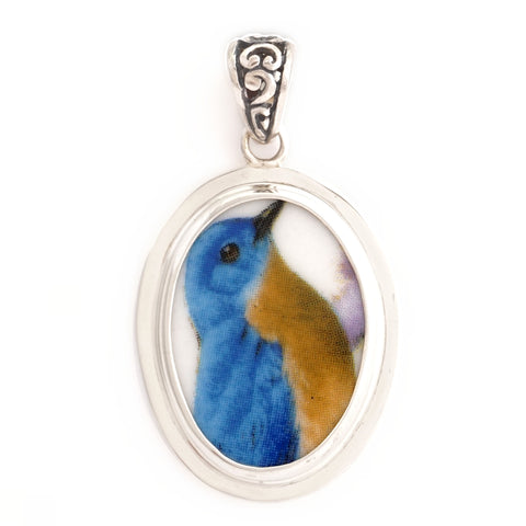 Broken China Jewelry Bluebird Blue Garden Bird Bird Sterling Oval Pendant