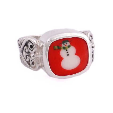 SIZE 7 Broken China Jewelry Retro Mod Red Snowman Snow Man Sterling Ring