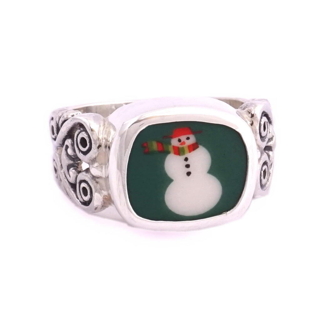 SIZE 8 Broken China Jewelry Retro Mod Green Snowman Snow Man Sterling Ring
