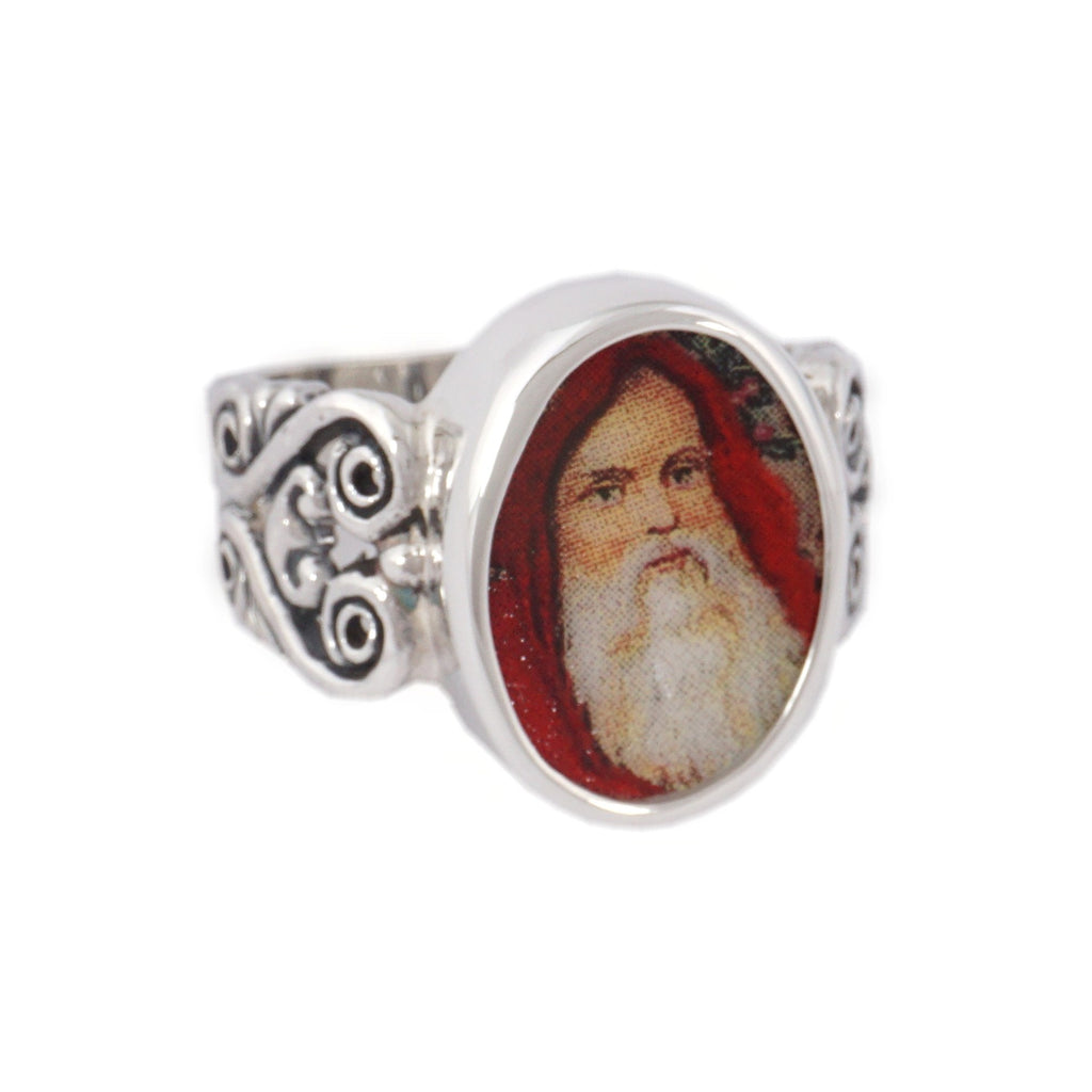 SIZE 6 Broken China Jewelry Victorian Christmas Santa Portrait Sterling Ring