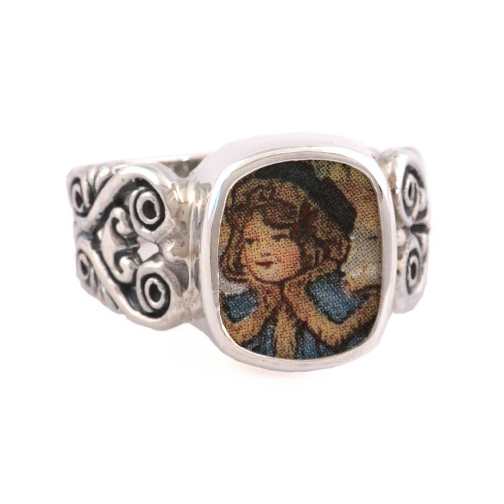 SIZE 6 Broken China Jewelry Victorian Christmas Girl with Ribbon in Blue Coat Sterling Ring