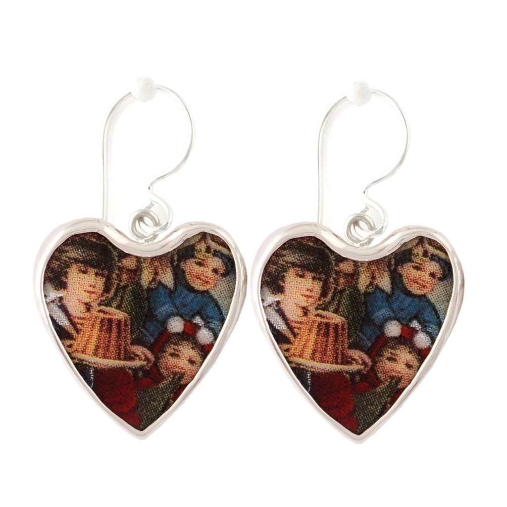 Broken China Jewelry Victorian Christmas Chidren Sterling Heart Dangle Earrings