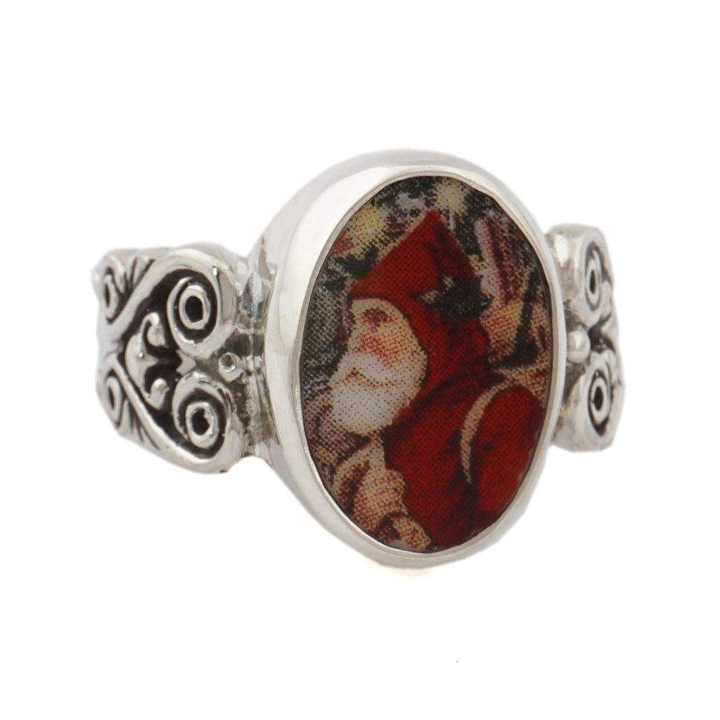 SIZE 8 Broken China Jewelry Victorian Christmas Left Facing Santa F Sterling Oval Ring