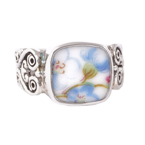 SIZE 9 Broken China Jewelry Bavarian Forget Me Nots Sterling Ring