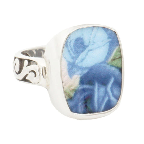 SIZE 9 Broken China Jewelry Moonlight Roses Light Dark Blue Double Rose Sterling Ring