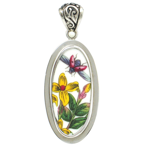 Broken China Jewelry Botanic Ladybug in Flight with Yellow Garden Flowers Tall Oval Sterling Pendant