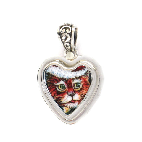 Broken China Jewelry Orange Kitty Cat Santa Hat F Sterling Heart Pendant