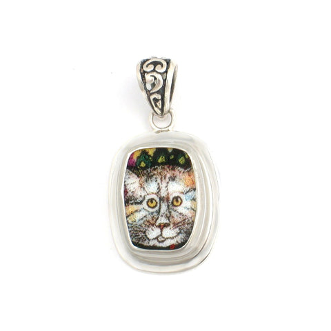 Broken China Jewelry Striped Kitty Cat with Starry Sky Rectangle Pendant
