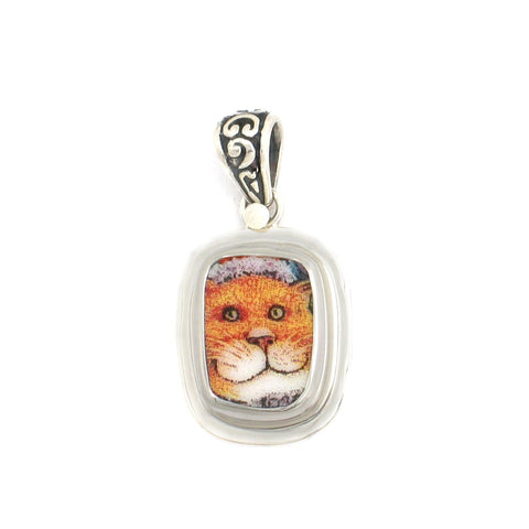 Broken China Jewelry Kitty Cat Smiling Ginger Sterling Rectangle Pendant