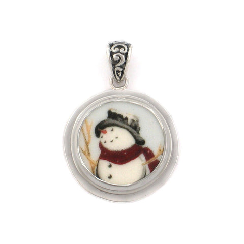 Broken China Jewelry Winter Christmas Snowman Snow Man Close Up Sterling Circle Pendant