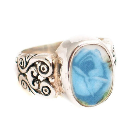 Size 6 - Broken China Jewelry 056 Moonlight Roses Blue Rose Sterling Ring - Vintage Belle Broken China Jewelry