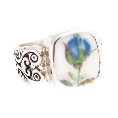 Size 9 - Broken China Jewelry Moonlight Roses Blue Rose Bud Sterling Silver Ring - Vintage Belle Broken China Jewelry