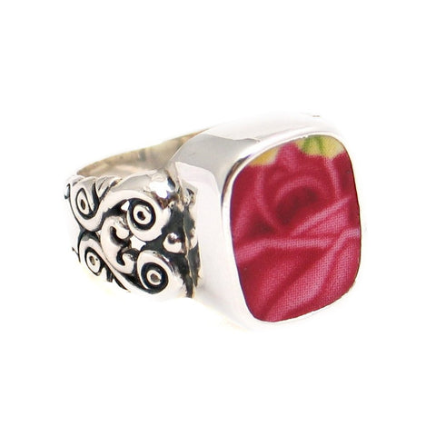 Size 6 Broken China Jewelry Old Country Roses Dark Pink Rose Sterling Ring - Vintage Belle Broken China Jewelry