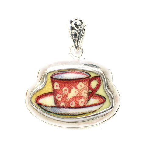 Broken China Jewelry Duchess Teacup Red and Yellow Spotted Tea Cup Sterling Pendant - Vintage Belle Broken China Jewelry