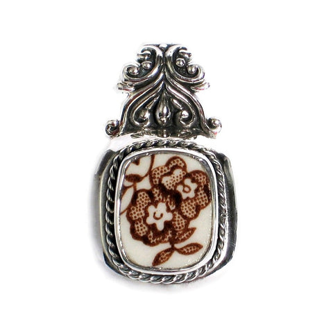 Broken China Jewelry Meakin Brown Tonquin Floral Sterling Silver Pendant - Vintage Belle Broken China Jewelry