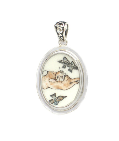 Broken China Jewelry Beatrix Potter Peter Rabbit with Flying Birds Sterling Pendant