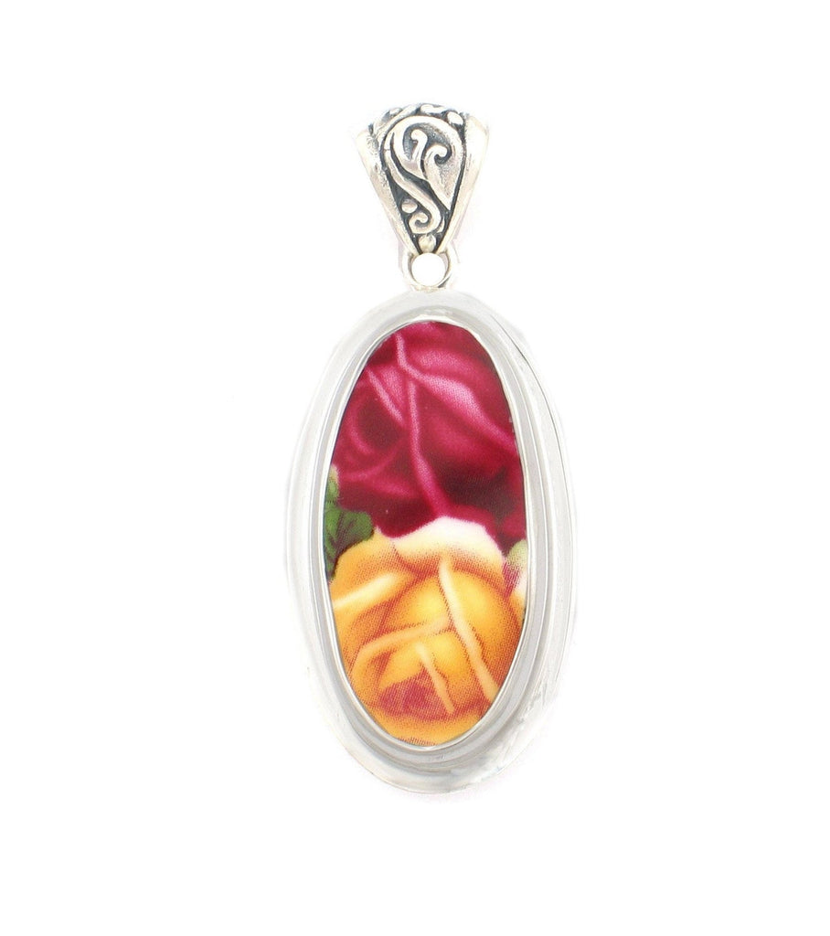 Broken China Jewelry Old Country Roses Dark Pink (Red) Yellow Rose Sterling Tall Oval Pendant