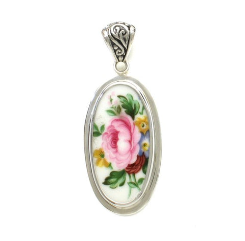 Broken China Jewelry Royal Albert Lady Carlyle Pink Rose Sterling Tall Oval Pendant