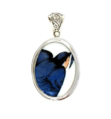 Broken China Jewelry Vintage Indigo Bluebird Blue Bird Right Facing Sterling Oval Pendant