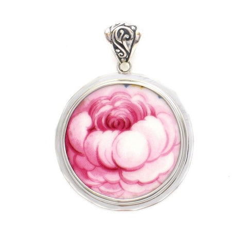 Broken China Jewelry Royal Albert Lady Carlyle Pink Rose Flower Close Up Circle Sterling Pendant