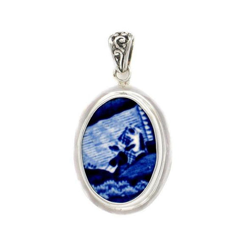 Broken China Jewelry Blue Italian People at the Rivers Edge A Sterling Pendant