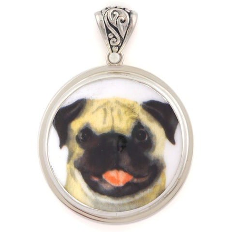 Broken China Jewelry Pug Dog Sterling Large Circle Pendant