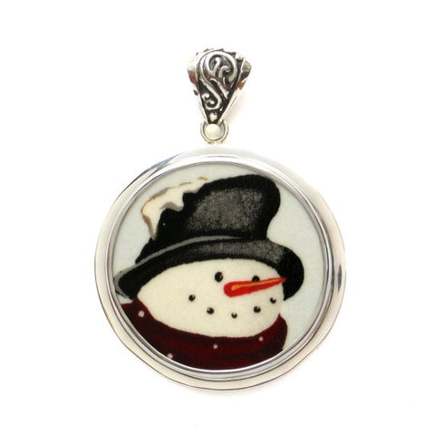 Broken China Jewelry Winter Snowman Snow Man w Hat & Scarf Sterling Circle Pendant