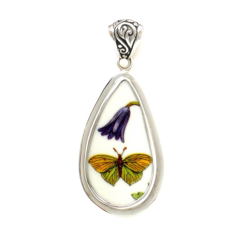 Broken China Jewelry Botanic Green & Yellow Garden Butterfly With Purple Flower Tall Sterling Drop