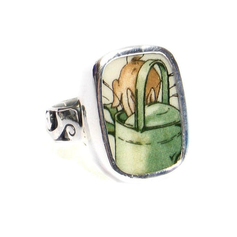 SIZE 7 Broken China Jewelry Beatrix Potter Peter Rabbit Watering Can Sterling Ring