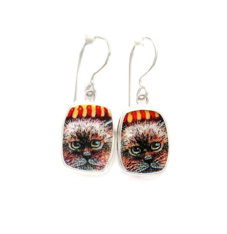 Broken China Jewelry Kitty Cat A Red Striped Hat Sterling Dangle Earrings