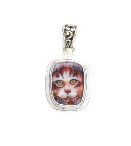 Broken China Jewelry Kitty Cat H Golden Eyes Sterling Rectangle Pendant
