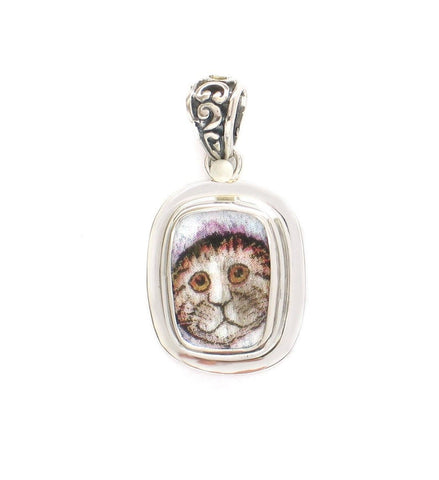 Broken China Jewelry Kitty Cat S Striped Cat with Fuzzy Hat and Collar Sterling Rectangle Pendant