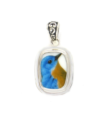 Broken China Jewelry Bluebird Blue Garden Bird Bird Sterling Rectangle Pendant