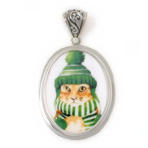 Broken China Jewelry Orange Winter Cat in Green Hat and Scarf Sterling Oval Pendant