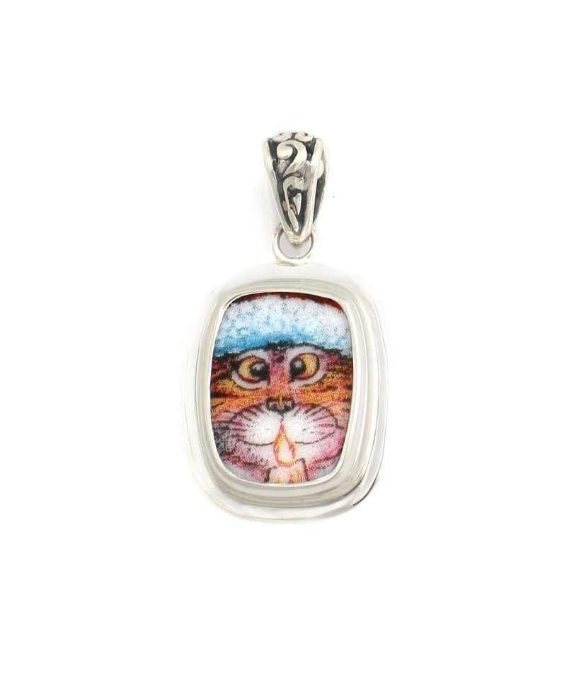 Broken China Jewelry Kitty Cat V Orange Striped Cat with Candle Sterling Rectangle Pendant