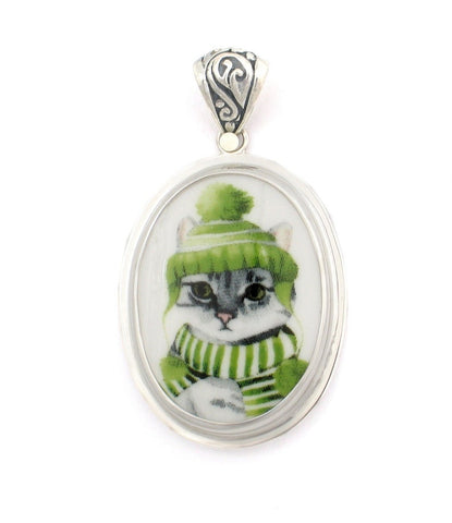Broken China Jewelry Gray Grey Striped Winter Cat in Green Hat & Scarf Sterling Oval Pendant