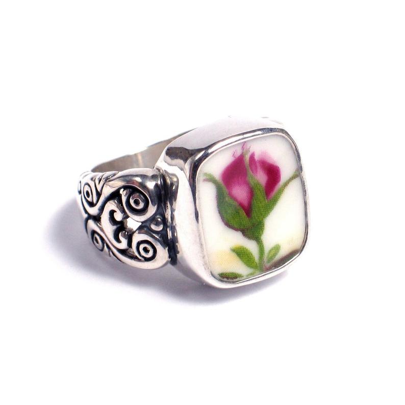 SIZE 9 Broken China Jewelry Old Country Roses Big Bud Sterling Silver Ring