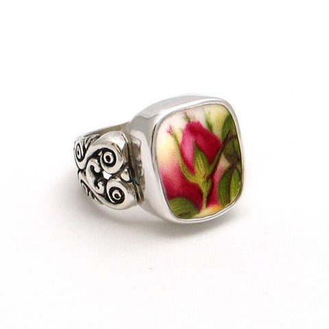 SIZE 9 Broken China Jewelry Old Country Roses Pink Red Flame Rose Bud Sterling Ring