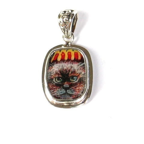 Broken China Jewelry Himalyan Siamese Kitty Cat Sterling Pendant
