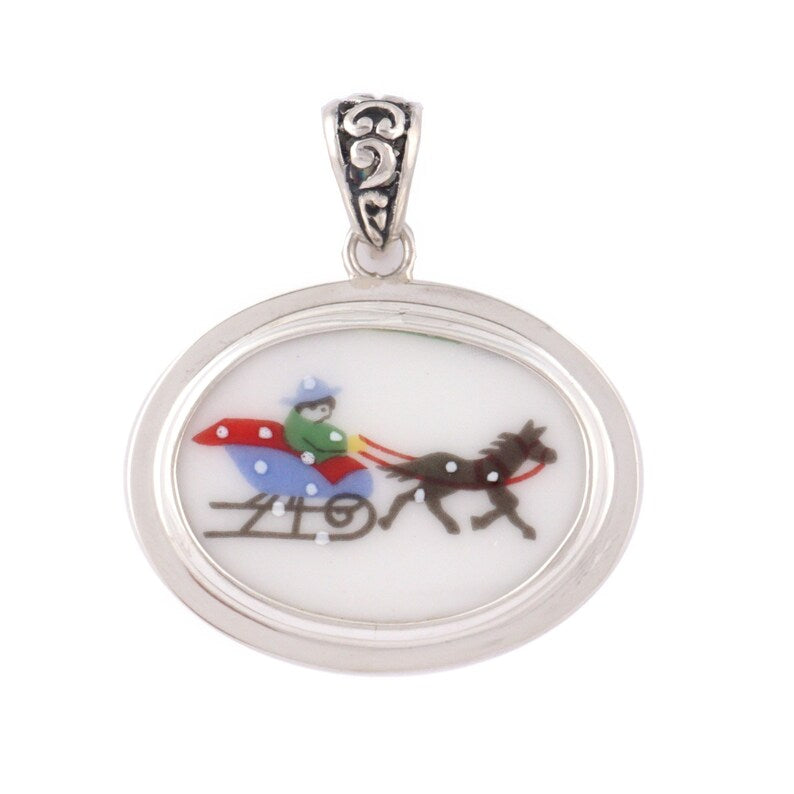 Broken China Jewelry Sleighride Christmas Winter Sleigh Sled with Horse RT Facing Horizontal Oval Sterling Pendant