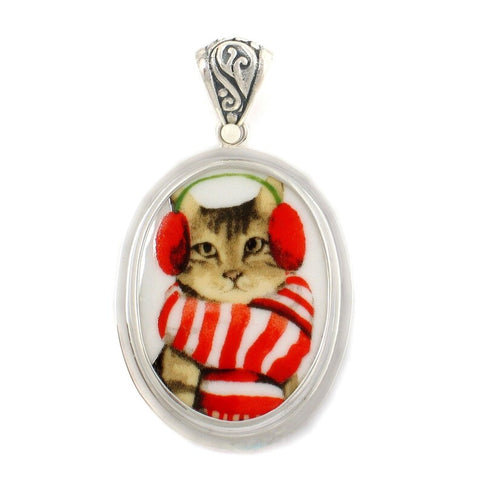 Broken China Jewelry Tabby Winter Cat in Red and White Scarf Sterling Oval Pendant